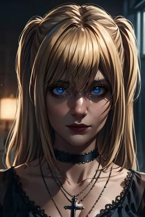 <lora:MisaAmaneV3:0.75>, closeup, Misa Amane,blue eyes,shy,blonde hair,cross necklace,gothic,woman,masterpiece,best quality,highest quality,cinematic lighting,(volumetric lighting),extremely detailed CG unity 8k wallpaper,focused,8k wallpaper,4k wallpaper,extremely detailed,ultra realistic,photorealistic,sharp focus,absurdres,(HDR:1.2),(high contrast),photograph,detailed and intricate,instagram,portrait,highly detailed,digital painting,artstation,concept art,smooth,sharp focus,illustration,cinematic lighting,Style-Princess,