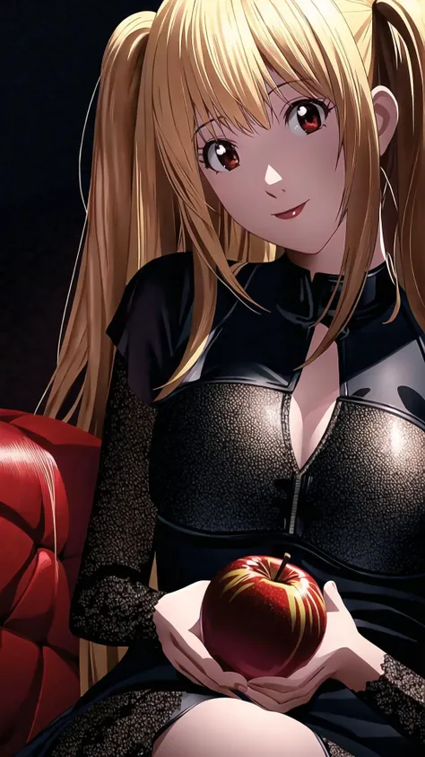 <lora:MisaAmaneV2:0.8> Misa Amane, 1girl, blonde hair, long hair, twintails, red eyes, gothic, light smile, BREAK, holding fruit, apple, masterpiece, best quality, extremely detailed, highly quality, 4k, sharp focus, professional, sharp focus, award winning, cinematic lighting, octane render, unreal engine, volumetrics dtx, Wallpaper,