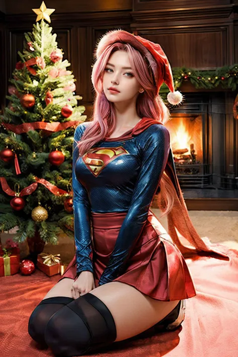 (masterpiece, top quality, best quality, official art, beautiful and aesthetic:1.2), (1 girl:1.3), white eyes, pink flying hair, sitting, gold supergirl suit, miniskirt, (fractal art:1.2), cowboy shot, European town, Christmas tree, Santa hat, <lora:CyberBeautyV30:0.9>, <lora:OC:0.33>, <lora:more_details:1>, <lora:GoodHands-beta2:1>