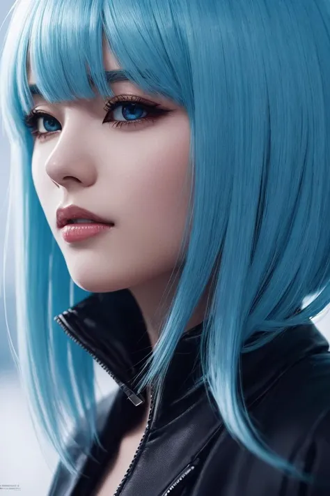 full shot of rimuru tempest, sky blue straight hair, long bangs, with amber eyes, wearing a fancy black jacket, high collar, ultra detailed, brush strokes, digital painting, cinematic, wlop artstation, closeup, pixiv, intense, intimidating glare, photorealistic, overpowering, makoto shinkai, rossdraws, andy warhol