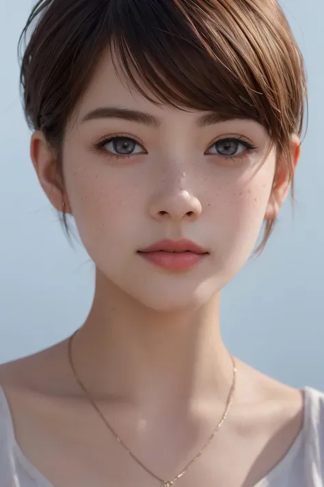 professional, masterpiece, 8k, hyperrealistic portrait of a 20yo cute girl, short hair, (looking shy:1.3), freckles, detailed face, detailed skin, photography, hq, photorealistic,