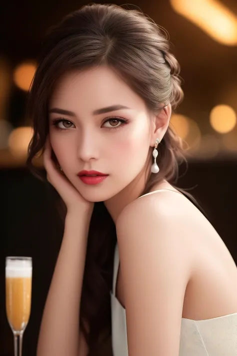 couture fashion photography, photo of seductive (L414C0ST4:0.99), a woman as a sexy student, closeup portrait upsweep updo, at a cantina sitting bar (masterpiece:1.5) (photorealistic:1.8) (bokeh) (best quality) (detailed skin texture pores hairs:1.15) (intricate) (8k) (HDR) (wallpaper) (cinematic lighting) (sharp focus), eyeliner, painted lips, (earrings) Asian-Less