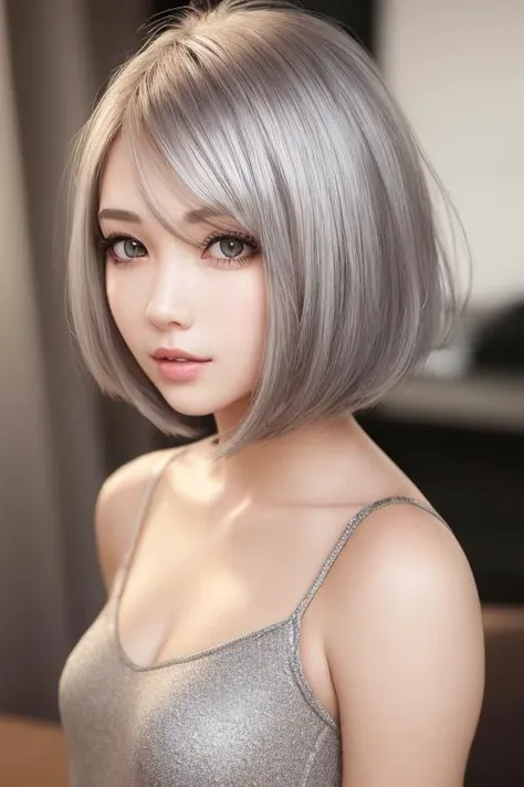 beautiful girl, woman, sexy body, (cute:1.3), (([Metallic silver hair], [chin-length bob], [camisole])), realistic, (cute), (detailed face), detailed eyes, detailed iris