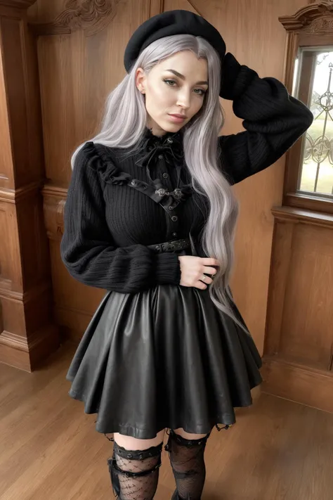 4K, Masterpiece, highres, absurdres, 18yo GothGal, pale skin, grey eyes, woman wearing a GothGal outfit,
wearing a distressed long sweater dress and floor-length mermaid skirt, , platform sneakers, cameo brooch, velvet arm warmers, leather beret, knee-high stockings with bows, garter belt with chains, , , in a Clock tower at midnight with haunting chimes
lower body focus, front picture,
<lora:edgGothGarterbelt:0.77>