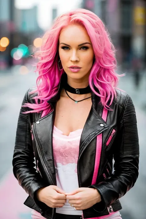 RAW photo, closeup, megfo, (high detailed skin:1.2), sexy, (pink hair:1.1), cyberpunk theme, black leather jacket, (pale skin), 8k uhd, dslr, bright lighting, high quality, film grain, Fujifilm XT3 <lyco:MeganfoxRemasteredDogu:1.05>