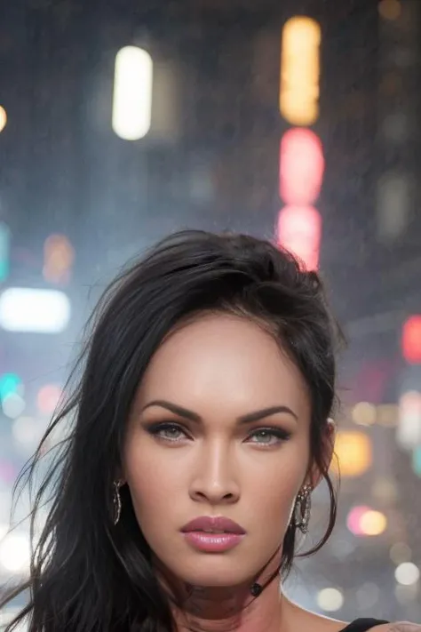 portrait, headshot, closeup, photo, highly detailed, Megan Fox, cute, blade runner, cyberpunk, <lyco:MeganfoxRemasteredDogu:1.0>