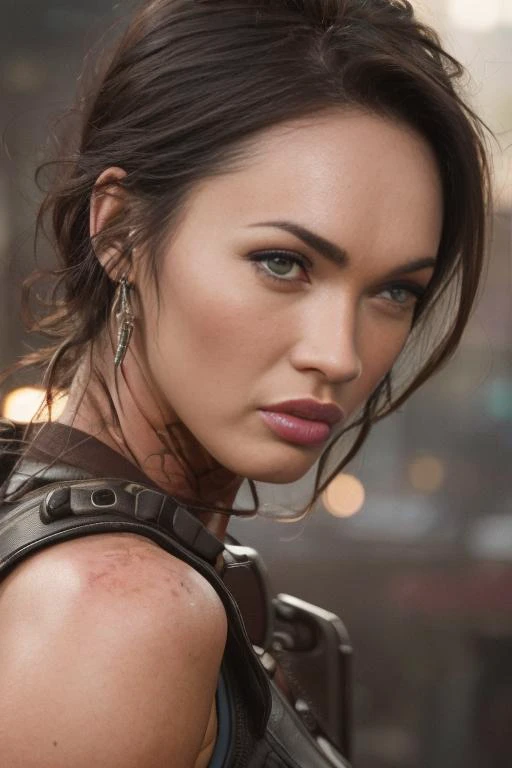fechar o retrato, Megan Raposa, olhos detalhados, tema sci-fi, Cinematic quality, arte digital, 8k resolution, Inspirado em Artgerm, Fundo Bokeh, acabamento brilhante, mulher futurista atraente, light wave aesthetics, beleza altamente detalhada
