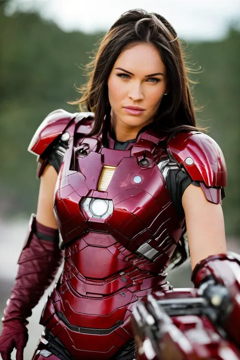 RAW photo, (closeup:1.1), megfo, (high detailed skin:1.2), wearing iron man mark II armor suit, (pale skin), 8k uhd, dslr, bright lighting, high quality, film grain, Fujifilm XT3 <lyco:MeganfoxRemasteredDogu:1.15>