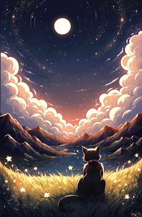 score_9,score_8_up,score_7_up,score_6_up,score_5_up,score_4_up solo,sitting,outdoors,sky,cloud,from behind,star (symbol),no humans,night,animal,moon,cat,grass,star (sky),night sky,scenery,starry sky,black cat,animal focus <lora:shadmanPONYXL-guy-v1:0.8>, shadman,
