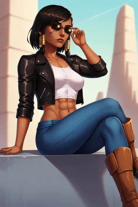 score_9, score_8_up, score_7_up, BREAK ,  <lora:shadmanPONYXL-guy-v101:1>, 1girl, solo, jeans, midriff, jacket, crop top, pharah \(overwatch\), outdoors, sitting, sunglasses, black jacket, leather jacket, crossed legs, looking at viewer, adjusting eyewear,