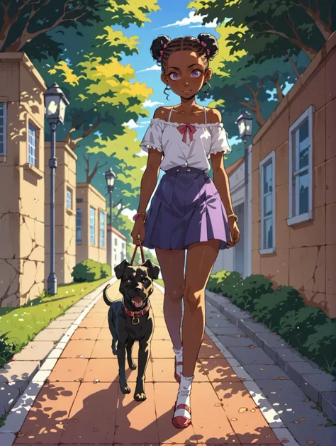 source_anime, (score_9, score_8_up, score_7_up, score_6_up)
1girl, solo, cute dark skin girl, black hair, hair in 2 buns, purple eyes, small breasts, petite, BREAK, walking a dog in the park,
 <lora:shadmanPONYXL-guy-v101:1>