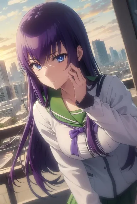 saekobusujima, <lora:saeko busujima s1-lora-nochekaiser:1>,
saeko busujima, long hair, purple hair, (purple eyes:1.1), hair between eyes,
BREAK skirt, long sleeves, bow, school uniform, serafuku, green skirt,
BREAK outdoors, city, zombies, sun, sky, clouds, cars,
BREAK looking at viewer, (cowboy shot:1.5),
BREAK <lyco:GoodHands-beta2:1>, (masterpiece:1.2), best quality, high resolution, unity 8k wallpaper, (illustration:0.8), (beautiful detailed eyes:1.6), extremely detailed face, perfect lighting, extremely detailed CG, (perfect hands, perfect anatomy),