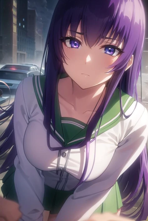 saekobusujima, <lora:saeko busujima s1-lora-nochekaiser:1>,
saeko busujima, long hair, purple hair, (purple eyes:1.1), hair between eyes,
BREAK skirt, long sleeves, bow, school uniform, serafuku, green skirt,
BREAK outdoors, city, zombies, sun, sky, clouds, cars,
BREAK looking at viewer, (cowboy shot:1.5),
BREAK <lyco:GoodHands-beta2:1>, (masterpiece:1.2), best quality, high resolution, unity 8k wallpaper, (illustration:0.8), (beautiful detailed eyes:1.6), extremely detailed face, perfect lighting, extremely detailed CG, (perfect hands, perfect anatomy),