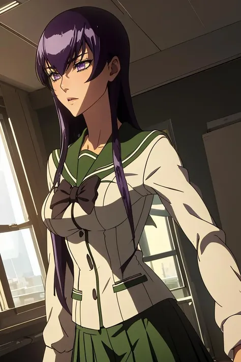 (masterpiece, best quality), 1girl, 22 years old, <lora:saekobusujimatest:1> saeko busujima, long hair, purple hair, (purple eyes:1.1), hair between eyes,, skirt, long sleeves, bow, school uniform, serafuku, green skirt,,