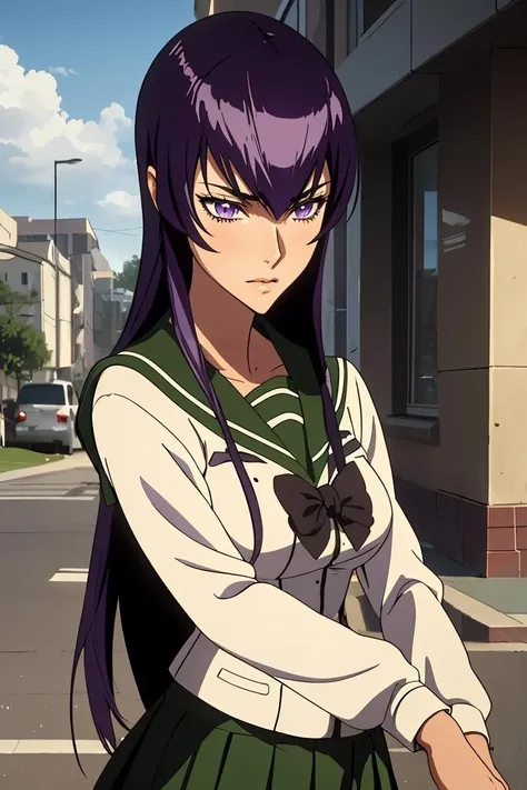 (masterpiece, best quality), 1girl, 22 years old, <lora:saekobusujimatest:1> saeko busujima, long hair, purple hair, (purple eyes:1.1), hair between eyes,, skirt, long sleeves, bow, school uniform, serafuku, green skirt,,