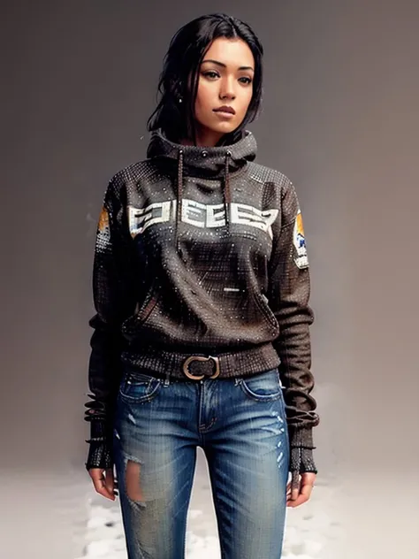 Cash768, a woman,full body, pullover, jeans, snow, detailed brown eyes, photography, trending on artstation, sharp focus, studio photo, intricate details, highly detailed, by greg rutkowski <lora:Cash768:0.7>