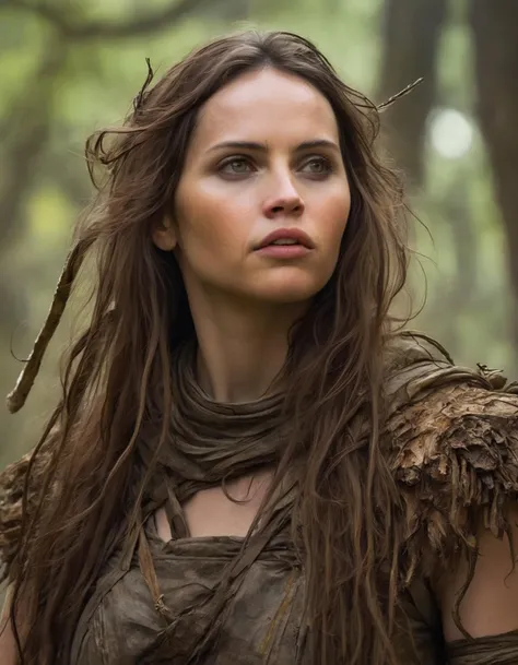 A closeup portait of  (ohwx woman)   <lora:felicity_lora_sdxl_v1-000007:1>  an ancient druid made of bark, she live hidden in the vegetation of a forgotten forest, highly detailed painting, by Artgerm and Raphael Lacoste