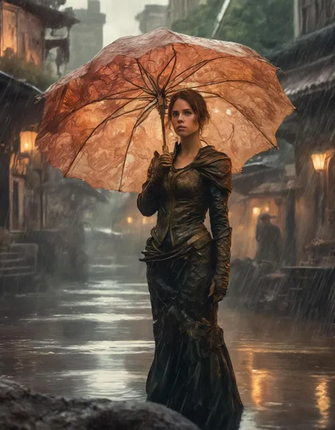 a water Mermaid (ohwx woman) <lora:felicity_lora_sdxl_v1-000007:1>, by albert bierstadt and greg rutkowski! artstation ink painting of a woman in her thirties with short hair wearing streetwear clothing. she is looking at the viewer while holding an umbrella!! cinematic volumetric lighting intricate highly detailed digital photography - n 9 4 0 sony f / 1 2 5 mm sharp focus illustration octane render ultra realistic cgsociety masterpiece fine detail postprocessing 8 k resolution conceptart matte background bokeh pixiv scenery filmic hyperrealism 3 d depth