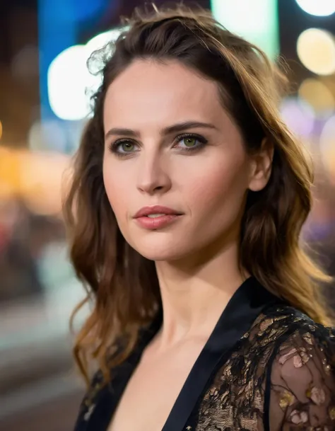 professional  fashion close-up portrait photography  of a young beautiful  ((ohwx woman)) <lora:felicity_lora_sdxl_v1-000007:1>  in the city at night, Nikon Z9, bokeh