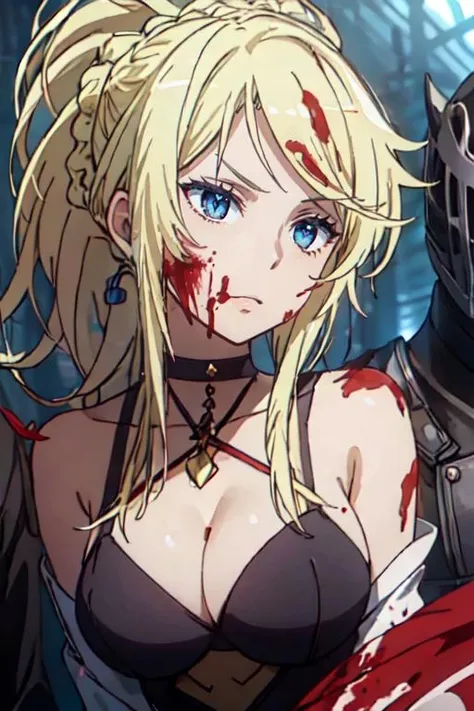 masterpiece, best quality, ultra detailed, <lora:carissa_toarumajutsunoindex:1> solo, 1girl, closed up face, carissa_toarumajutsunoindex, blonde_hair, long_hair, blue_eyes, breasts, ponytail, cleavage , battlefield background, blood on face, determined,