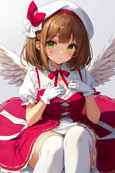 , 160 cm tall, beautiful, cute, shy expression. 1 female. Light brown hair. Yellow-green eyes. Short cut. Matching bangs. Short dress with white top and pink bottom folds, red ribbon on chest, lace around edges of dress. White over-knee socks. White panties. Pink beret with red ribbon at the back. Cute pink pumps. Warm lighting. Looking at the camera. Legs open. She is turning up her dress with her left hand. The woman's back has rounded wings. In her right hand, she is holding a lovely big magic wand with a big yellow star at the end of a long, thick, pink handle and small white wings on either side. Stylish white gloves with red ribbon. Colorful gradient background. Lying on the pale pink bed. Photo quality, high resolution. A masterpiece. Illustration. A lot of white lotion dripping on her panties. A lot of white lotion dripping on her hair. A lot of white lotion dripping on her chest. A lot of white lotion dripping on her belly. A lot of white lotion dripping on her panty. A lot of white lotion dripping on her crotch. A lot of white lotion dripping on thighs. A lot of white lotion dripping on the clothes. White lotion clinging to everything.