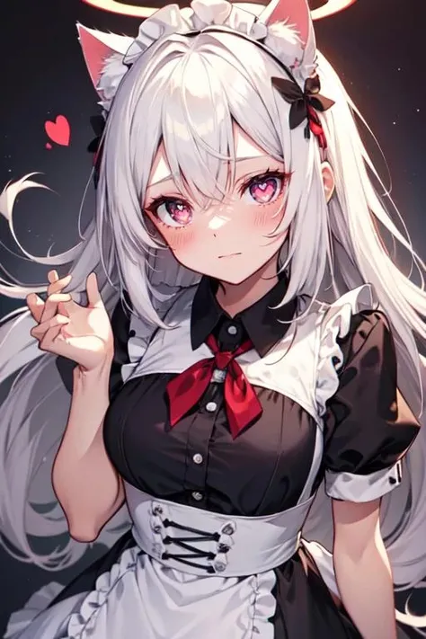 White hair, ahoge, heart ahoge, Halo, maid headdress, Heart-shaped pupils, Gradient eyes, devil pupils, Red eyes, Cat ears, kemonomimi mode, Shy, Bright pupils, full blush, Moaning, Tsundere, torogao, Anime style, hyper HD, retinas, Masterpiece, ccurate, Anatomically correct, Textured skin, Super detail, High details, High quality, Award-Awarded, Best quality, A high resolution, A high resolution, 16k