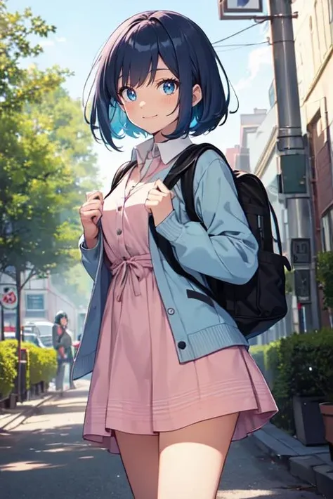 anime artwork of masterpiece, best quality, highres, gloria1, 1girl, gloria \(pokemon\), blue hair, solo, backpack, blue eyes, tam o' shanter, grey cardigan, pink dress, short hair, green socks, socks, brown bag, bob cut, bangs, long sleeves, collared dress, cowboy shot, standing, smile, holding poke ball, star shaped eyes , star pupils, Akane
, anime style, key visual, vibrant, studio anime, highly detailed