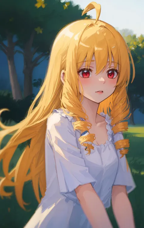((((ultra illustrated style:1.0)))),best quality,best animated,masterpiece,ray tracing, global illumination,1girl, solo, upper body,outdoors, hair down,ahoge