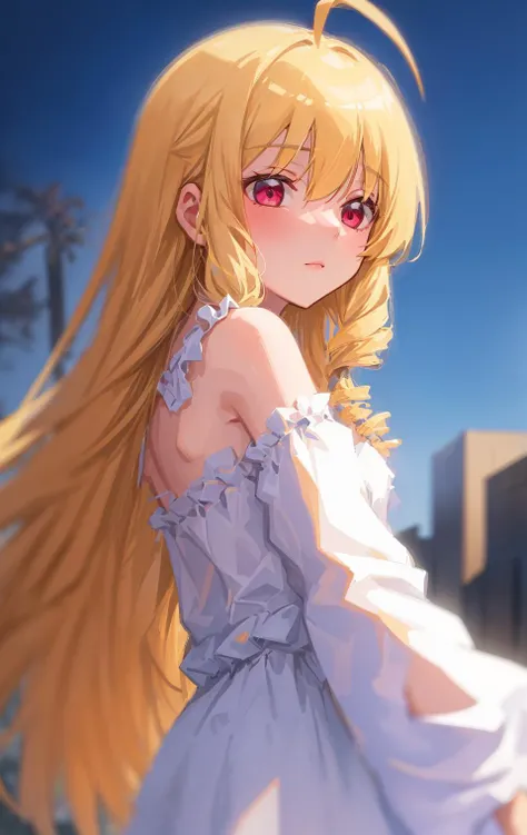 ((((ultra illustrated style:1.0)))),best quality,best animated,masterpiece,ray tracing, global illumination,1girl, solo, upper body,outdoors, hair down,ahoge