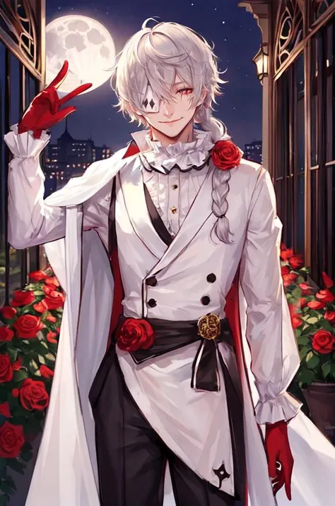 waist-up, pose, adult male, ruffled collar, smirk, eyepatch, white hair, 1boy, male focus, solo, single braid, hair between eyes, white top hat, red gloves, night, full moon, roses, thorns, courtyard, depth of field, <lora:Nikolai_Gogol:0.7>