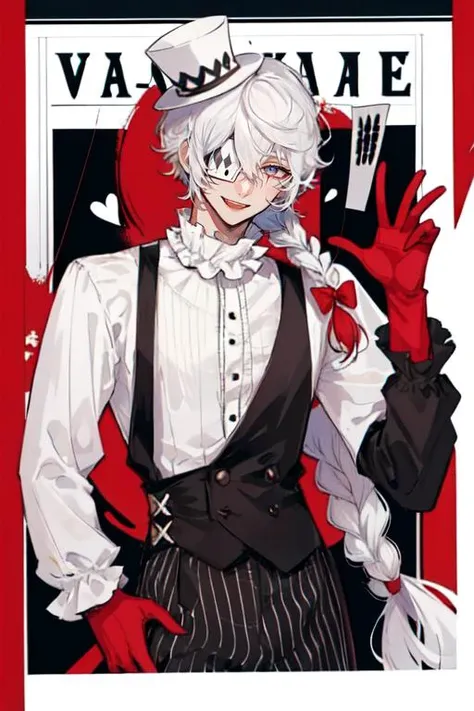 waist-up, pose, :D, vertical stripes, ruffled collar, eyepatch, white hair, 1boy, male focus, comic, solo, single braid, hair between eyes, white top hat, red gloves, spot color, border  <lora:Nikolai_Gogol:0.7>