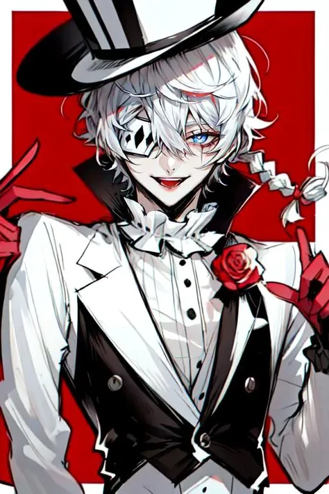 waist-up, pose, :D, vertical stripes, ruffled collar, eyepatch, white hair, 1boy, male focus, solo, single braid, hair between eyes, white top hat, red gloves, spot color, border  <lora:Nikolai_Gogol:0.7>