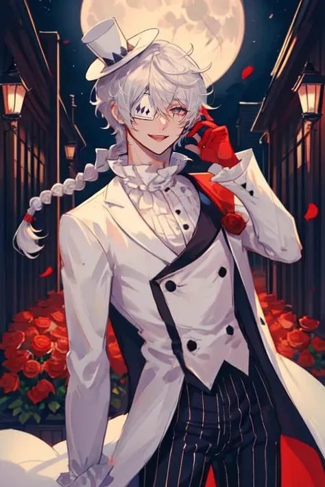 waist-up, pose, :D, ruffled collar, striped pants, vertical stripes, eyepatch, white hair, 1boy, male focus, solo, single braid, hair between eyes, white top hat, red gloves, night, full moon, roses, thorns, courtyard,  depth of field, <lora:Nikolai_Gogol:0.7>