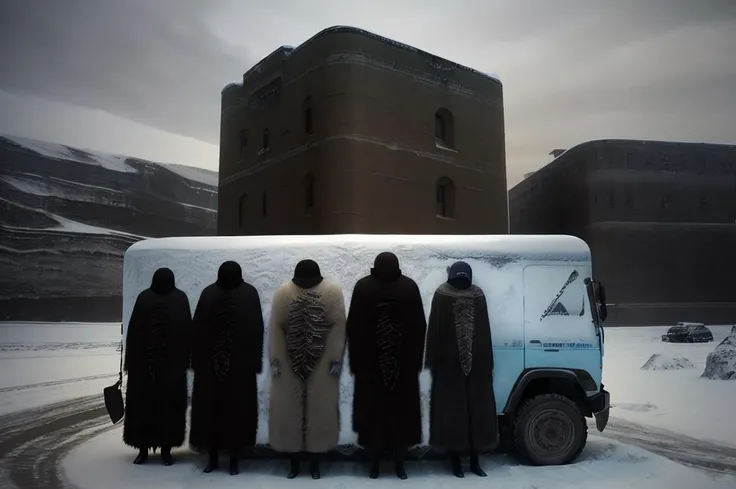 kamaz, siberian atmosphere,siberian town, <lora:siberian_atmosphere_v1>, b3ks1nsk1, <lora:Beksinski2:0.83>, orb,floating,ice,hills,massive,low contrast,faceless, "a tangle of black fingers and claws resting on a white tabletop": 1,,"a gathering of creatures with round heads and cloaks": 1, <lora:KAMAZ_54115:0.6>, KAMAZ_54115
