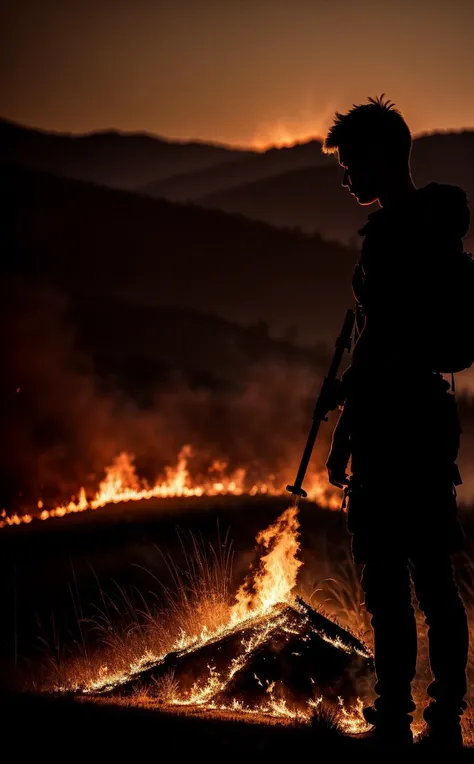 (intricate details:1.22), hdr, (intricate details, hyperdetailed:1.2), cinematic, intense, cinematic composition, color grading, focused, nsfw, naughty, full body, backlit silhouette, embers after grass fire, cosmic