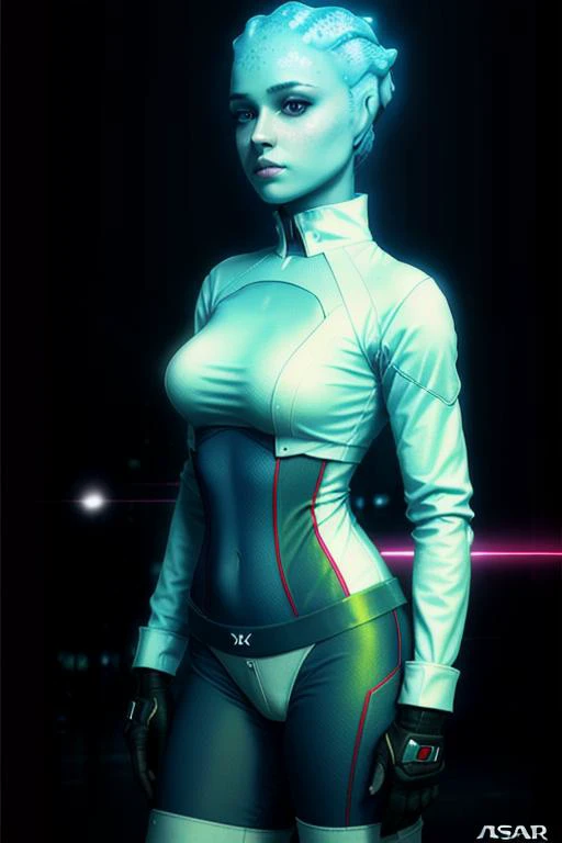 asari <hypernet:asariMassEffect_v10:0.8> grey background, looking at viewer, white shirt, simple background, solo, upper body