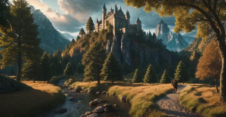 (photorealistic:1.5), (sharp and extremely detailed photo:1.3), (extremely detailed castle on the mountain:1.2), (monk with a backpack on the pathway to the castle:1.1), crossing river, (rain showers:1.1), sunset, (light film grain:1.1), (atmospheric 4k ultra detailed:1.4), masterpiece, (hyper realistic:1.1), award winning photography, Beautiful Detail, (sharp focus:1.1), (realistic textures:1.5), (realistic trees:1.5), colorful, (golden hour:1.3), (extremely detailed grass and trees:1.2), (masterpiece:1.2), (best quality:1.5), (volumetric lighting:1.2), High Detail, Nikon D850, depth of field
