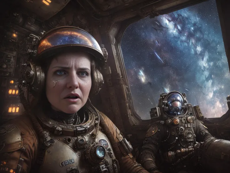award winning studio photo portrait steampunk rusted 40yo sexy female cyborg robot wearing pilot helmet (sitting in steampunk space station, big windows with space background, nebula, stars,milkyway:1.4), (close up:1.5), metal futuristic armor, detailed texture, detailed eyes, sharp focus, hd, hdr, 8k, reflection, copper bolts, copper rivets, pistons, torn cable, tubes, front view, looking at viewer, extreme fisheye photography, cinematic, spectacular, action , depth of field, (open mouth, frown, fear, shocked, wide open eyes, intricate face details, skin pores:1.4), space accident