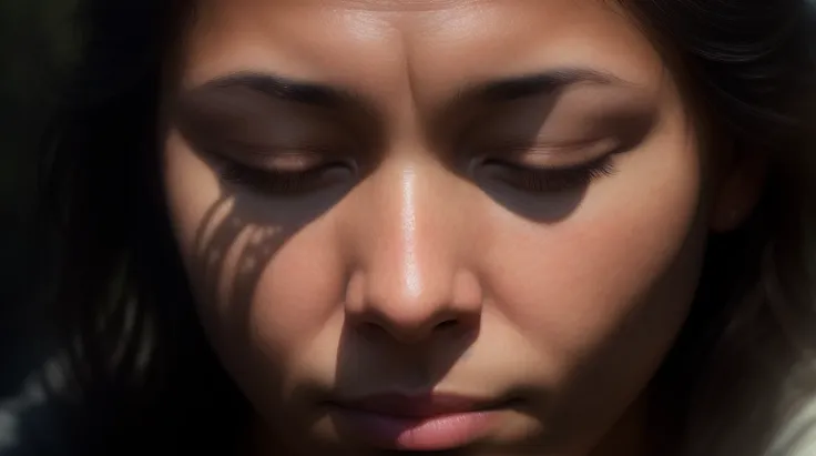 extreme closeup of a woman with closed eyes, meditating, photo, 4k textures, soft cinematic light, adobe lightroom, photolab, hdr, intricate, highly detailed, ray traced, photorealistic, fine details, subsurface scattering, key light, backlight, sharp focus, soothing tones, low contrast, exposure blend