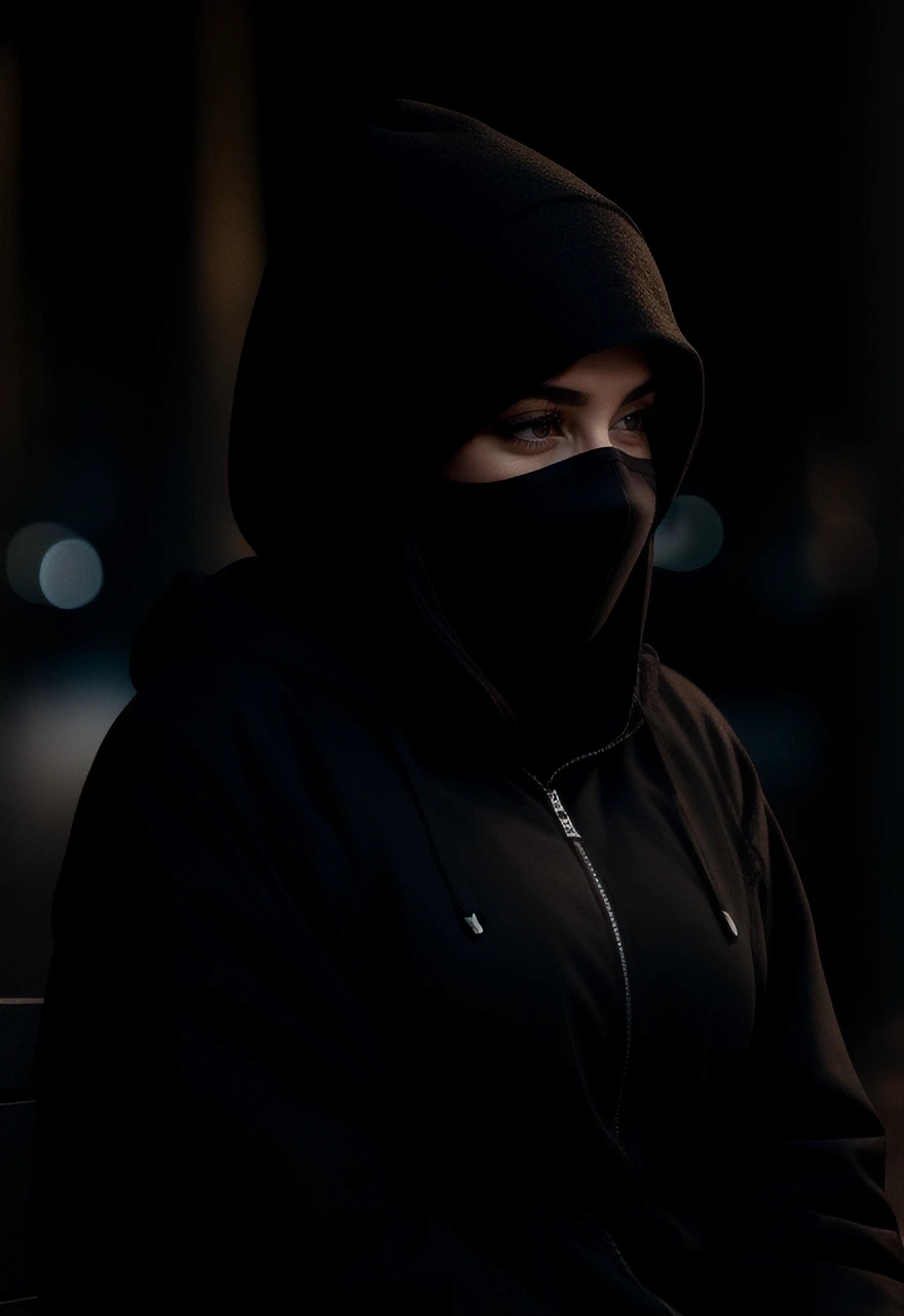 photo of a woman wearing a black hood and mask, black hair, sitting in a park at night, street lamps, 4k textures, soft cinematic light, adobe lightroom, photolab, hdr, intricate, highly detailed, ray traced, photorealistic, fine details, subsurface scattering, key light, backlight, sharp focus, soothing tones, low contrast, exposure blend