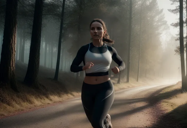 closeup photo of an athletic woman running, foggy country road, bright sunlight, 4k textures, soft cinematic light, adobe lightroom, photolab, hdr, intricate, highly detailed, ray traced, photorealistic, fine details, subsurface scattering, key light, backlight, sharp focus, soothing tones, low contrast, exposure blend