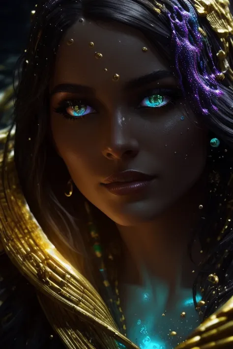 (female egyptian warrior), black and gold haired, ((yellow glowing eyes)), ((Photorealistic)) extreme close-up, bioluminescent, realism, high detail, octane render, 8k, (((Chaotic storm of intricate colorful liquid flowing from body))), full - length abstract portrait, wet-skin, ((bubbly underwater scenery)) radiant light octane render highly detailed, Style-Hamunaptra, style-paintmagic