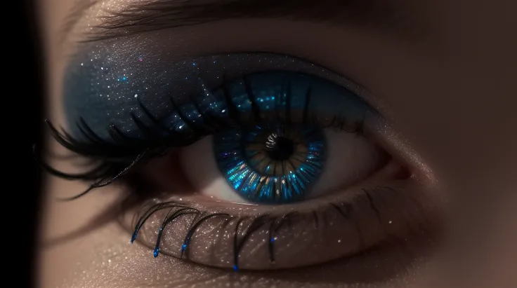 extreme closeup of a woman's eye, blue and hazel eyes, makeup, eyeliner, glitter, long eyelashes, photo, 4k textures, soft cinematic light, adobe lightroom, photolab, hdr, intricate, highly detailed, ray traced, photorealistic, fine details, subsurface scattering, key light, backlight, sharp focus, soothing tones, low contrast, exposure blend