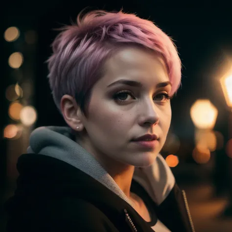 closeup photo of a woman wearing a black hoodie, short pink hair, sitting in a park at night, street lamps, 4k textures, soft cinematic light, adobe lightroom, photolab, hdr, intricate, highly detailed, ray traced, photorealistic, fine details, subsurface scattering, key light, backlight, sharp focus, soothing tones, low contrast, exposure blend