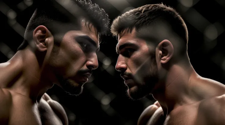 closeup of two male MMA fighters facing off, face off,  masculine, intimidation, photo, 4k textures, soft cinematic light, adobe lightroom, photolab, hdr, intricate, highly detailed, ray traced, photorealistic, fine details, subsurface scattering, key light, backlight, sharp focus, soothing tones, low contrast, exposure blend