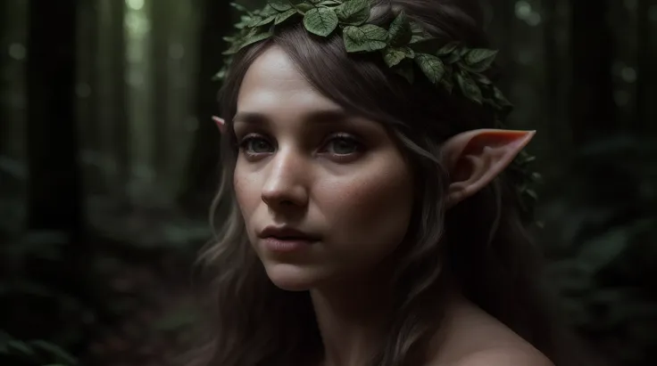 closeup photo of a nude female elf in the forest, 4k textures, soft cinematic light, adobe lightroom, photolab, hdr, intricate, highly detailed, ray traced, photorealistic, fine details, subsurface scattering, key light, backlight, sharp focus, soothing tones, low contrast, exposure blend