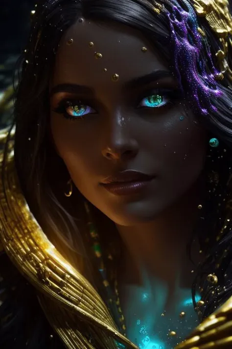 (female egyptian warrior), black and gold haired, ((yellow glowing eyes)),  ((Photorealistic)) extreme close-up,  bioluminescent, realism, high detail, octane render, 8k, (((Chaotic storm of intricate colorful liquid flowing from body))), full - length abstract portrait, wet-skin, ((bubbly underwater scenery)) radiant light octane render highly detailed,  Style-Hamunaptra, style-paintmagic