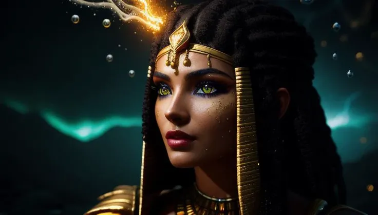 (female egyptian warrior), black and gold haired, ((yellow glowing eyes)),  ((Photorealistic)) extreme close-up,  bioluminescent, realism, high detail, octane render, 8k, (((Chaotic storm of intricate colorful liquid flowing from body))), full - length abstract portrait, wet-skin, ((bubbly underwater scenery)) radiant light octane render highly detailed,  Style-Hamunaptra, style-paintmagic