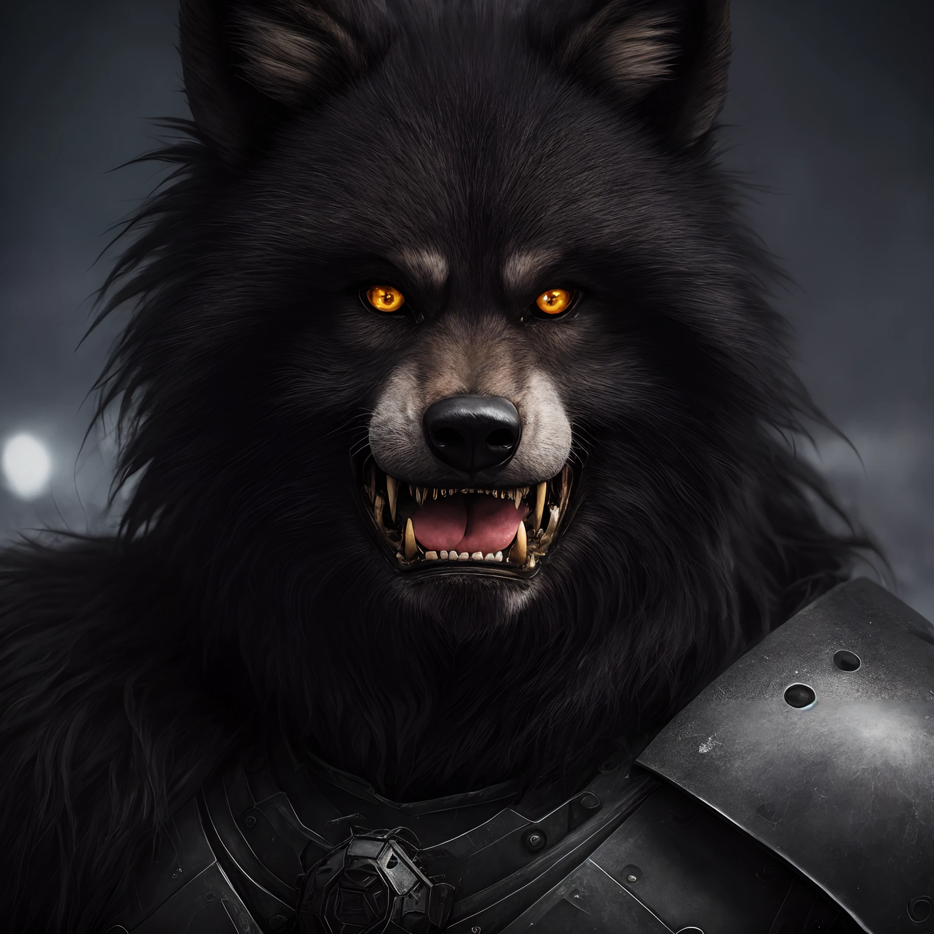 award winning studio photo portrait werewolf, (close up:1.4), 3/4 obsidian armor, detailed hair, north pole, Russia, Siberia, blizzard, small village, deep night, dark, low light, northern lights in the sky, lots of details, high detailed, futuristic landscape, cyberpunk, hight quaility, detailed texture, cinema shot, hdr, sharp focus, no human