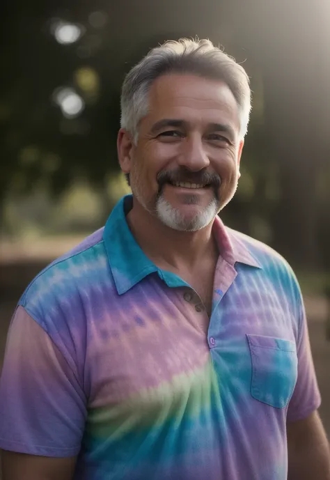 photo of a middle  man wearing a colorful tie die shirt, smiling, outside, bright sunlight, 4k textures, soft cinematic light, adobe lightroom, photolab, hdr, intricate, highly detailed, ray traced, photorealistic, fine details, subsurface scattering, key light, backlight, sharp focus, soothing tones, low contrast, exposure blend